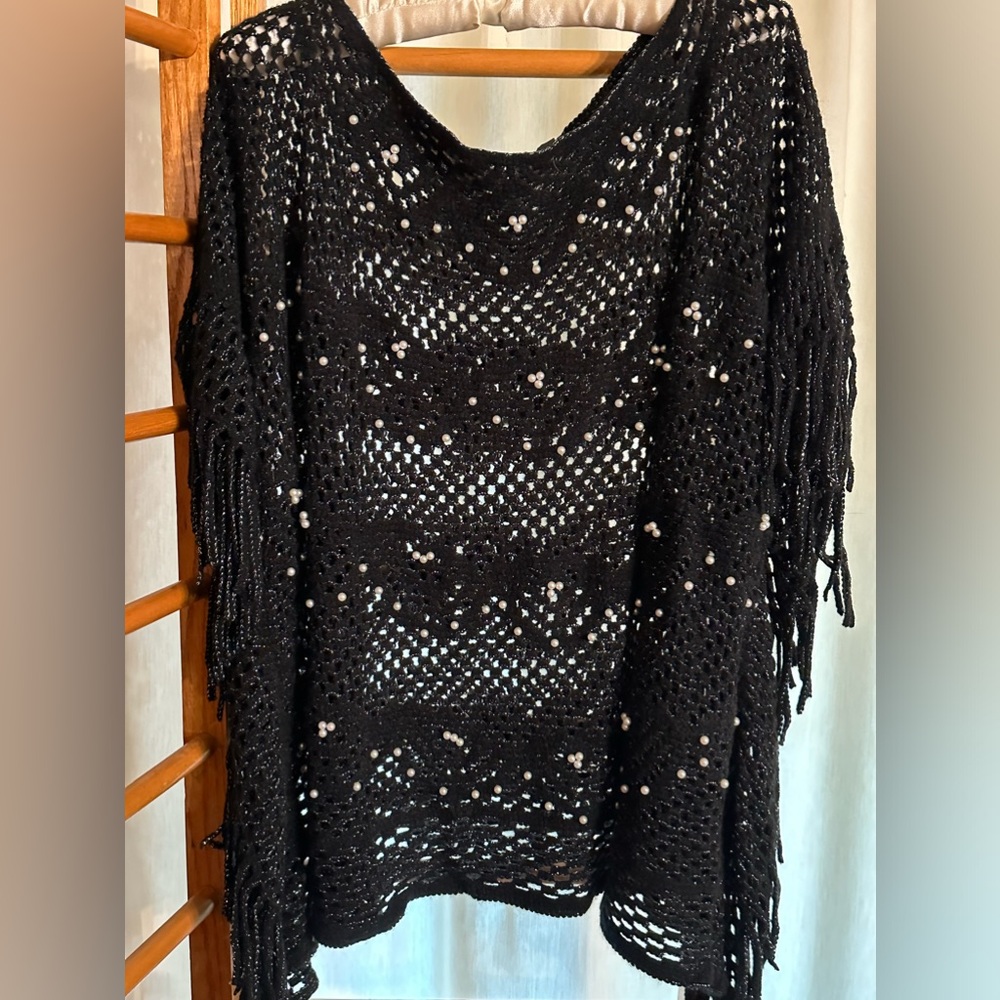 LVS Collections Black and Silver Knit Poncho with Pearls and Fringe